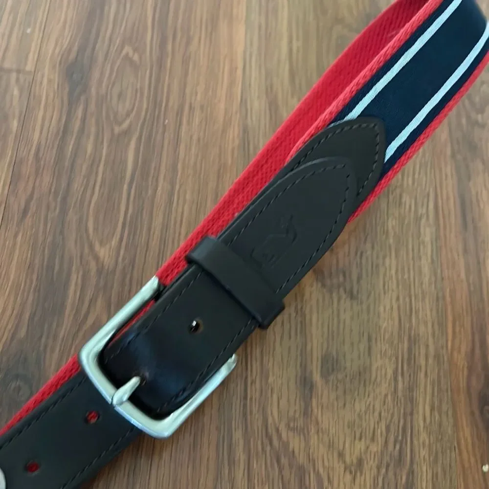 Vineyard Vines leather webbing and fabric belt 30 nautical red white blue